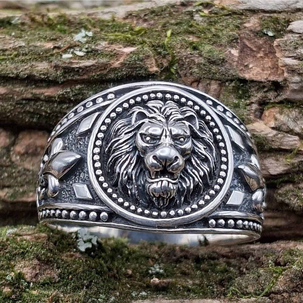 Men’s Sterling Silver Lion Head Ring Fleur De Lis Gothic Biker Size 12.75